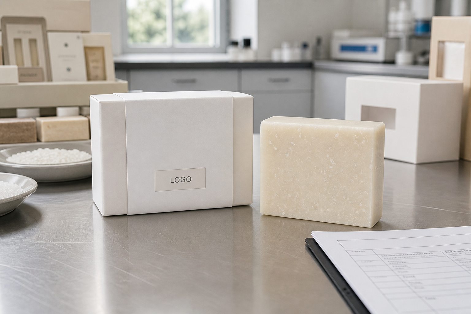 Private label sea salt goat milk facial cleansing bar sample with custom logo carton on a factory sample table
