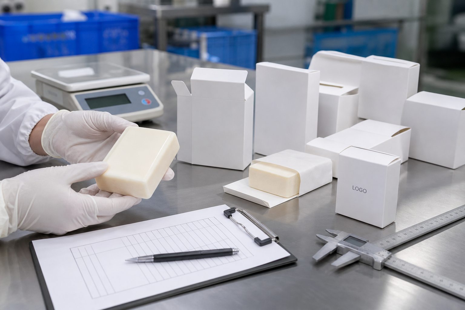 Factory QC sample review for private label facial cleansing bar texture and package fit before production