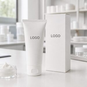 Private label skin comfort barrier cream tube and carton sample on a GUOCUI factory sample table