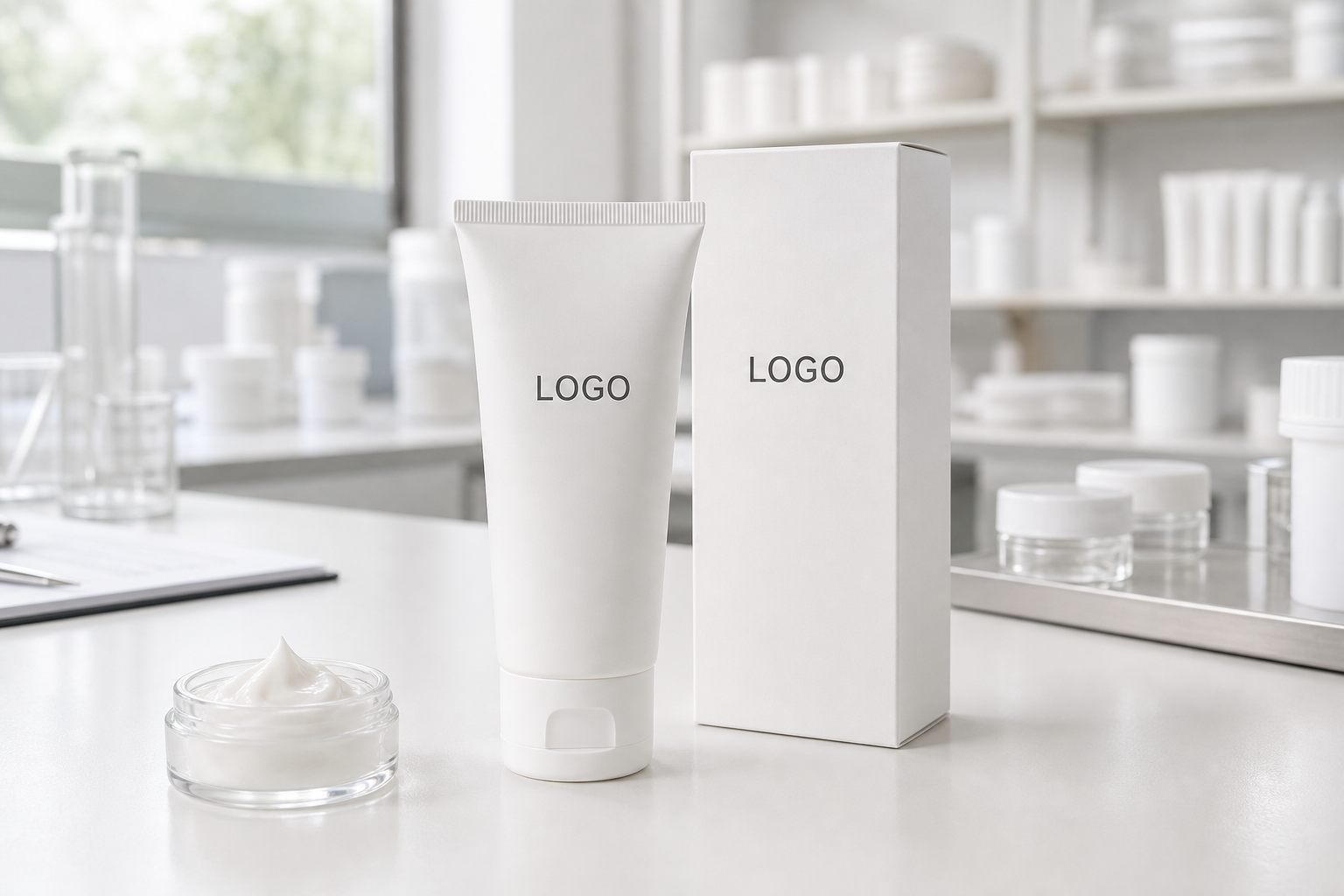 Private label skin comfort barrier cream tube and carton sample on a GUOCUI factory sample table