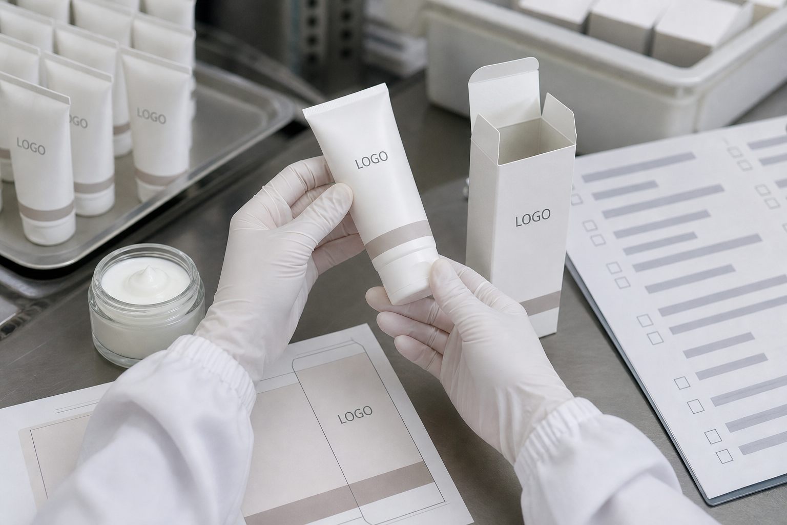 Factory QC label check for skin comfort barrier cream tube and carton samples before private label production