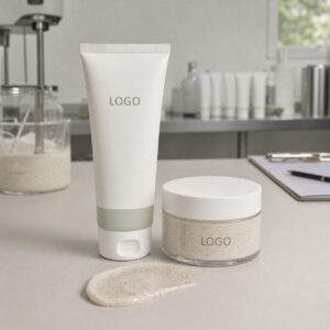Private label smoothing facial polish cleanser tube and jar sample with custom logo label area and cleanser texture on a GUOCUI factory sample table