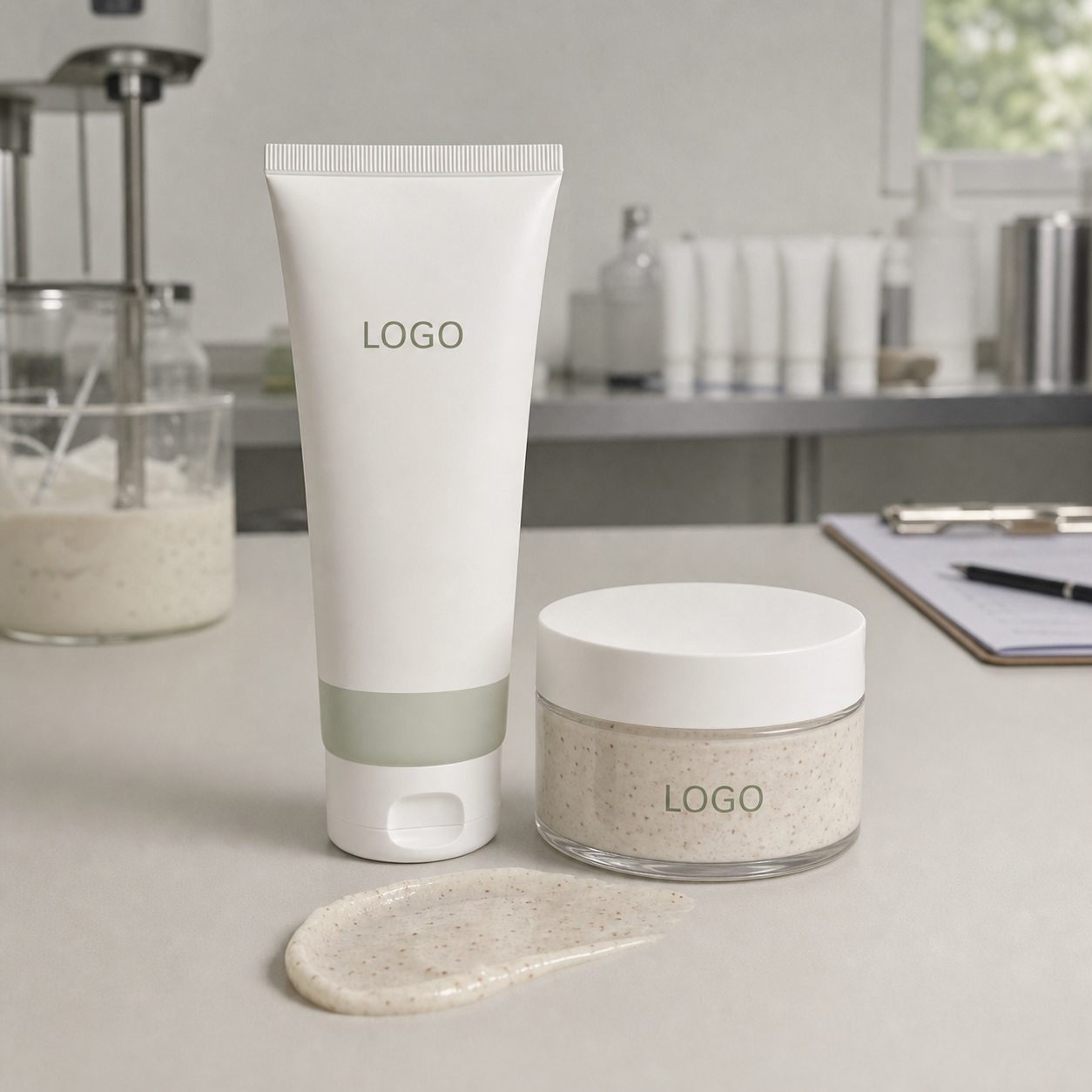 Private label smoothing facial polish cleanser tube and jar sample with custom logo label area and cleanser texture on a GUOCUI factory sample table