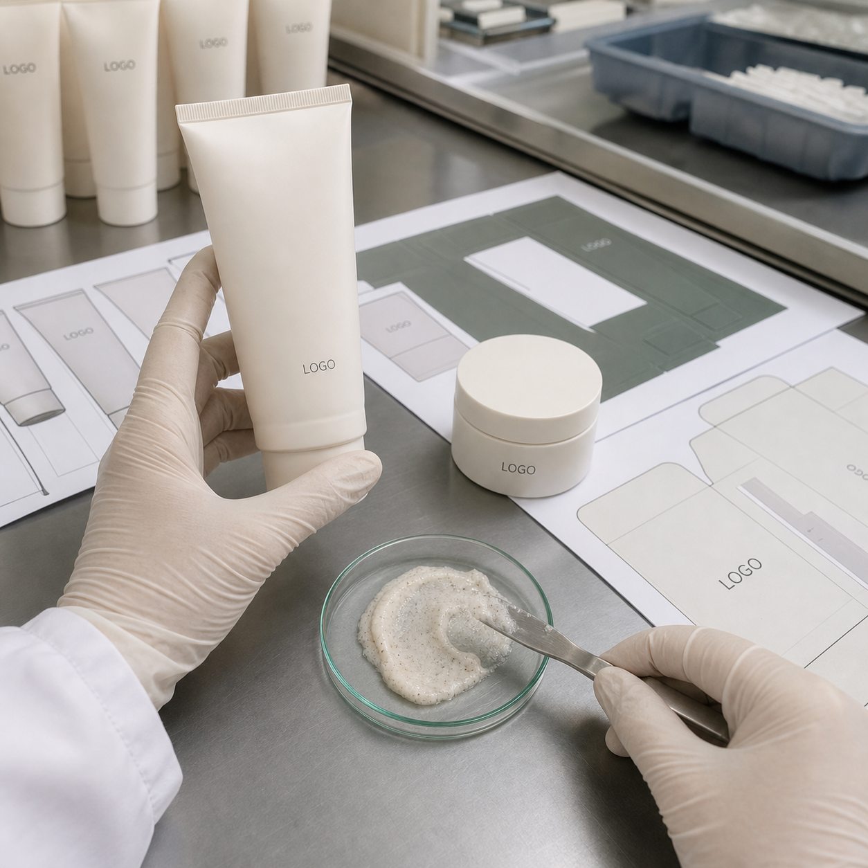 Factory QC sample review for private label smoothing facial polish cleanser tube jar label carton and texture before production