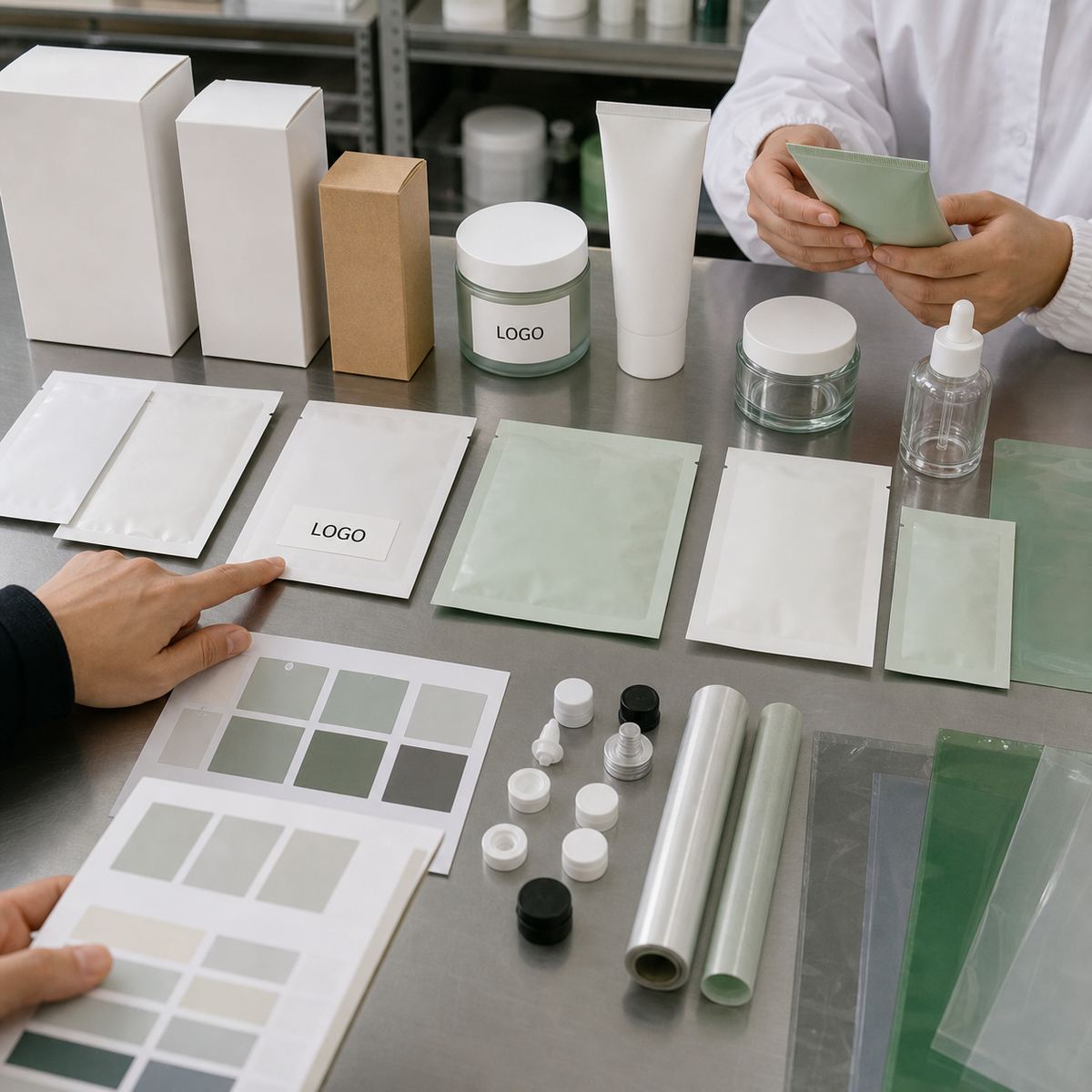 Sachet, pouch, carton, tube, jar, label and color swatch options for private label hand mask buyers