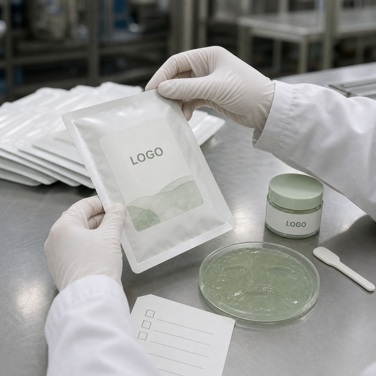 Factory QC label check for private label collagen-positioned hand mask sachet sample and packaging before production