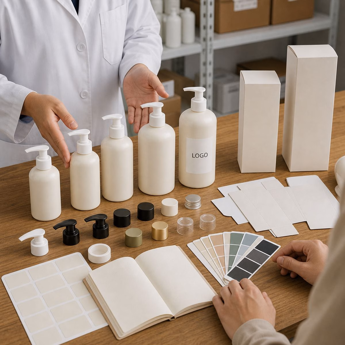 Jar, pump bottle, cap, label, carton and color swatch options for private label mango body butter buyers