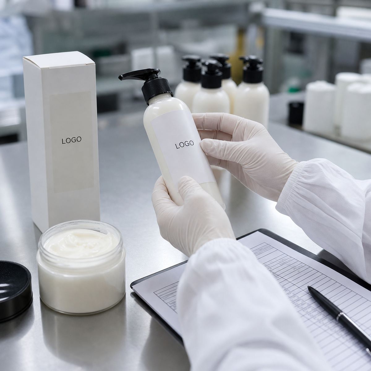 Factory QC label check for private label mango body butter sample jar, pump bottle and carton before production