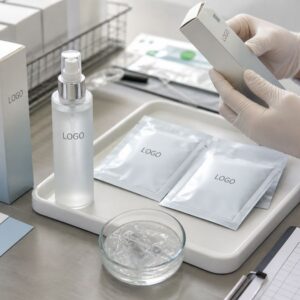 Private label hydrogel eye patch sachet samples with custom logo packaging area on a GUOCUI QC review table