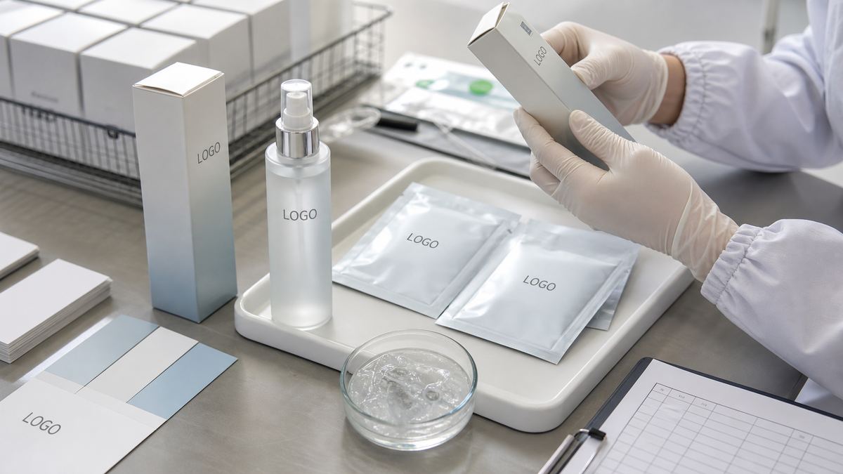 Private label hydrogel eye patch sachet samples with custom logo packaging area on a GUOCUI QC review table