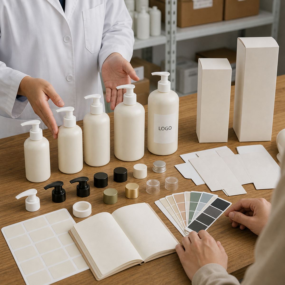 Body lotion pump bottle, cap, label, carton and color swatch options for private label body care buyers