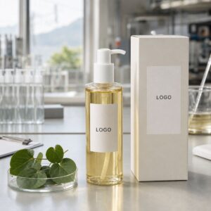 Private label heartleaf cleansing oil pump bottle and carton on factory sample table