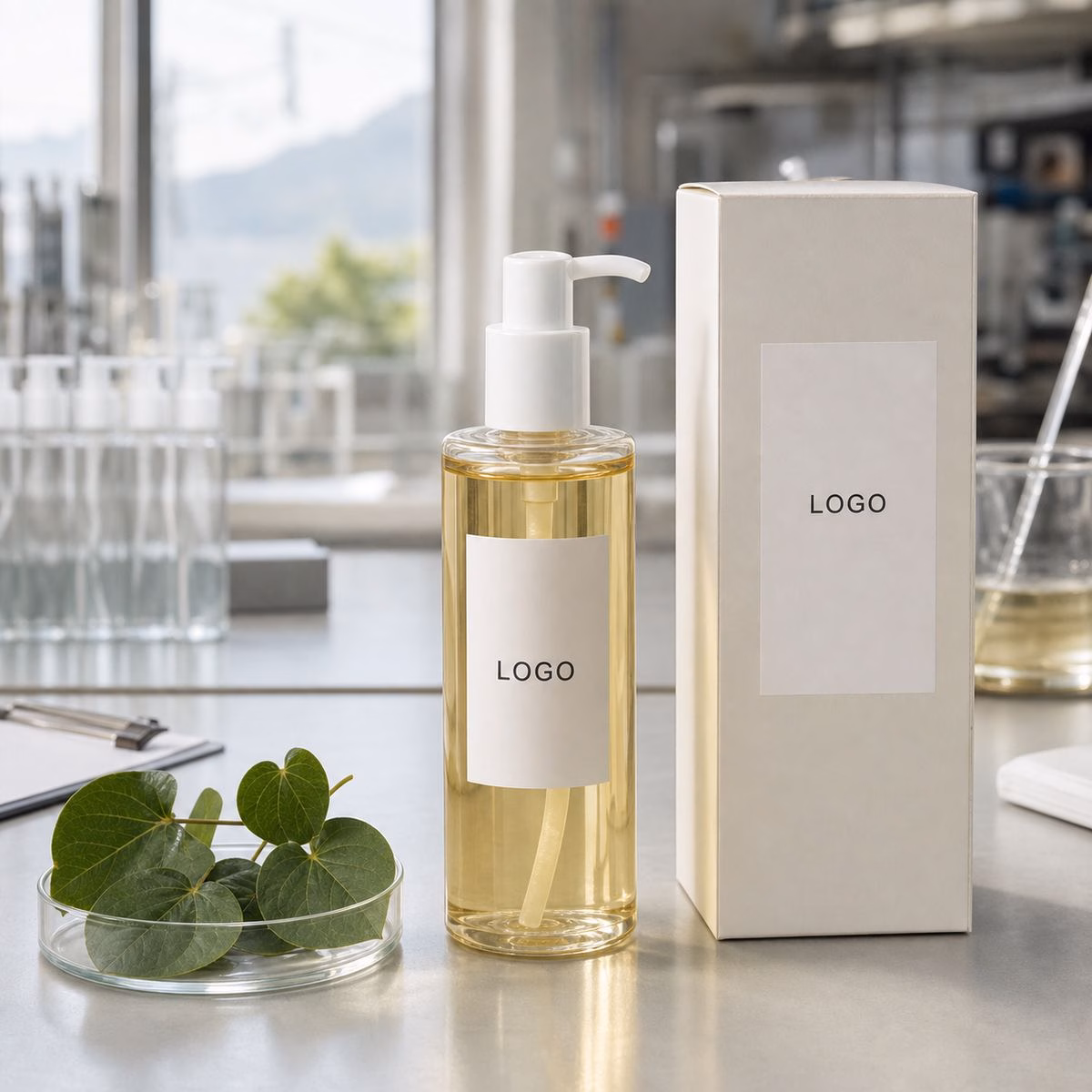 Private label heartleaf cleansing oil pump bottle and carton on factory sample table