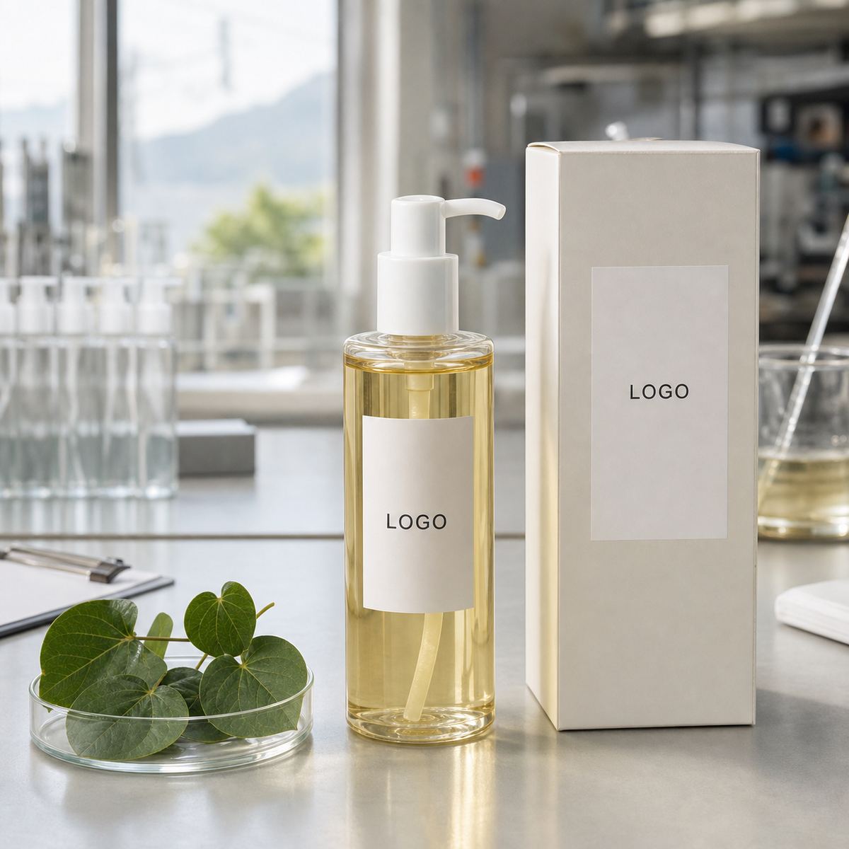 Private label heartleaf cleansing oil pump bottle and carton on factory sample table