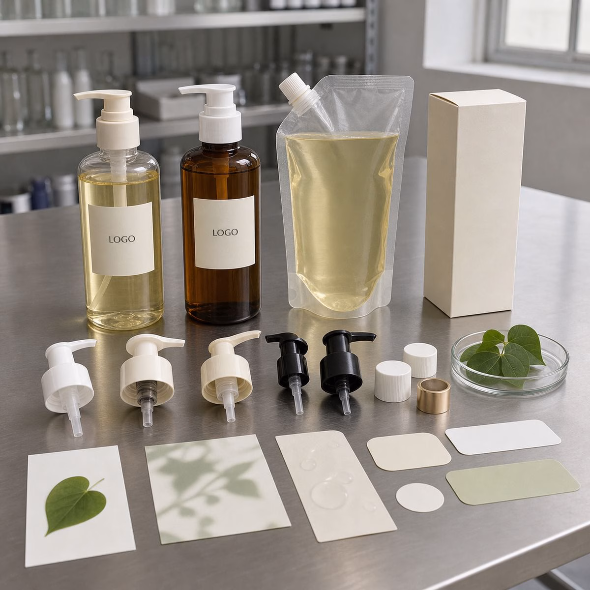 Custom cleansing oil packaging options including pump bottles refill pouch carton label swatches and heartleaf sample