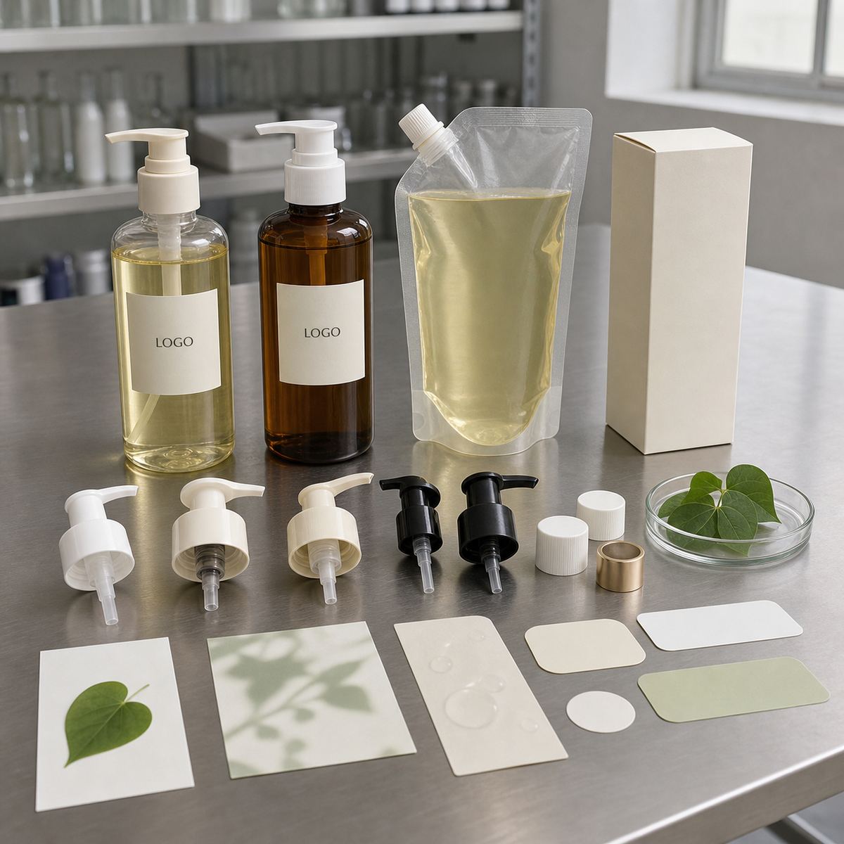 Custom cleansing oil packaging options including pump bottles refill pouch carton label swatches and heartleaf sample