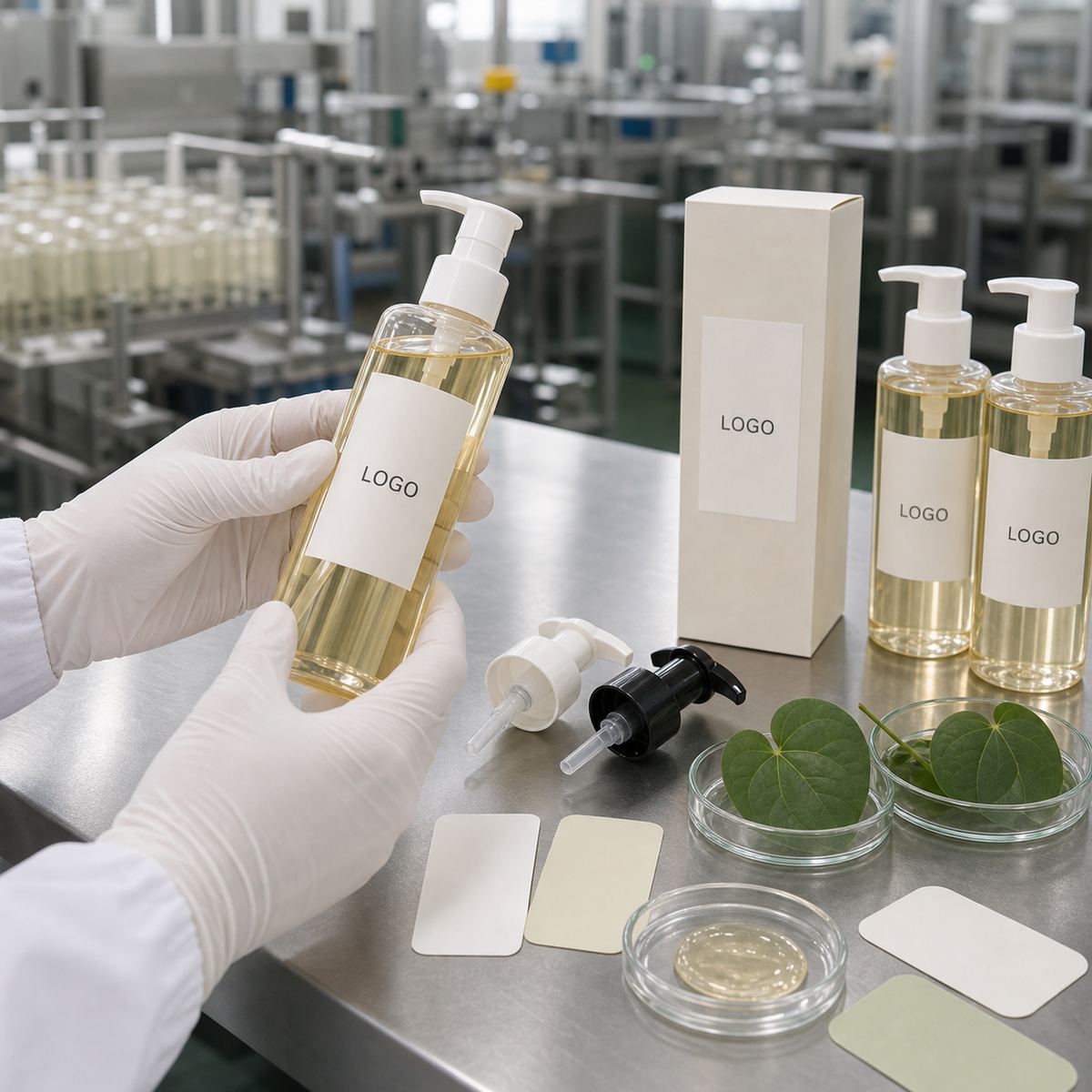 Factory QC sample review of heartleaf cleansing oil pump bottle carton label swatches and texture sample