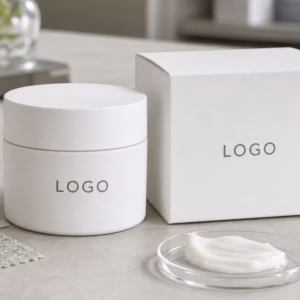 Private label lightweight daily moisture cream jar and carton on factory sample table