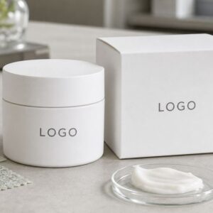 Private label lightweight daily moisture cream jar and carton on factory sample table