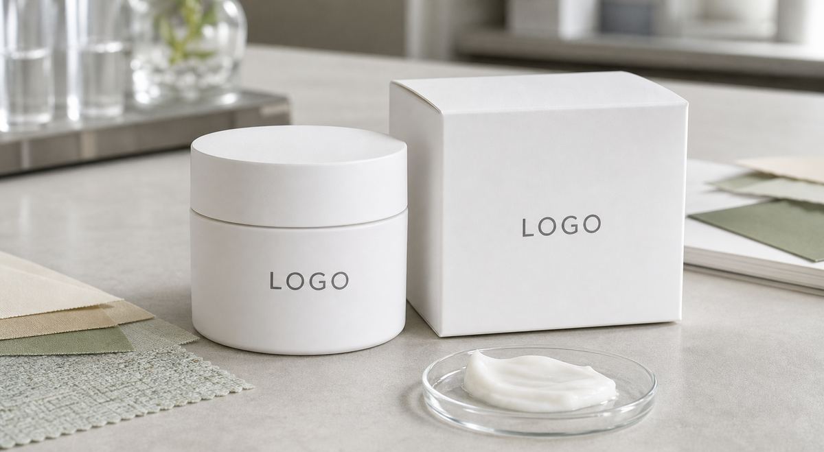 Private label lightweight daily moisture cream jar and carton on factory sample table