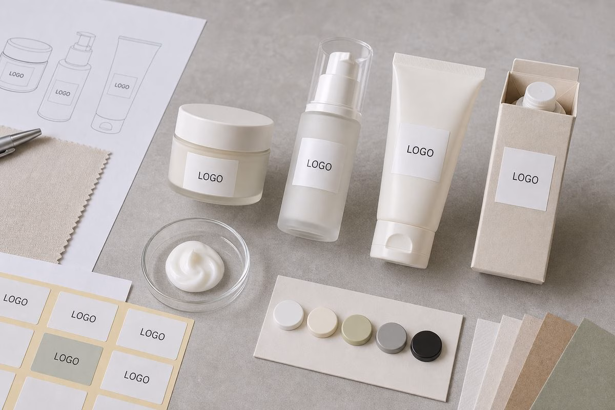 Custom lightweight moisture cream packaging options with jar tube pump bottle carton labels and cap color swatches