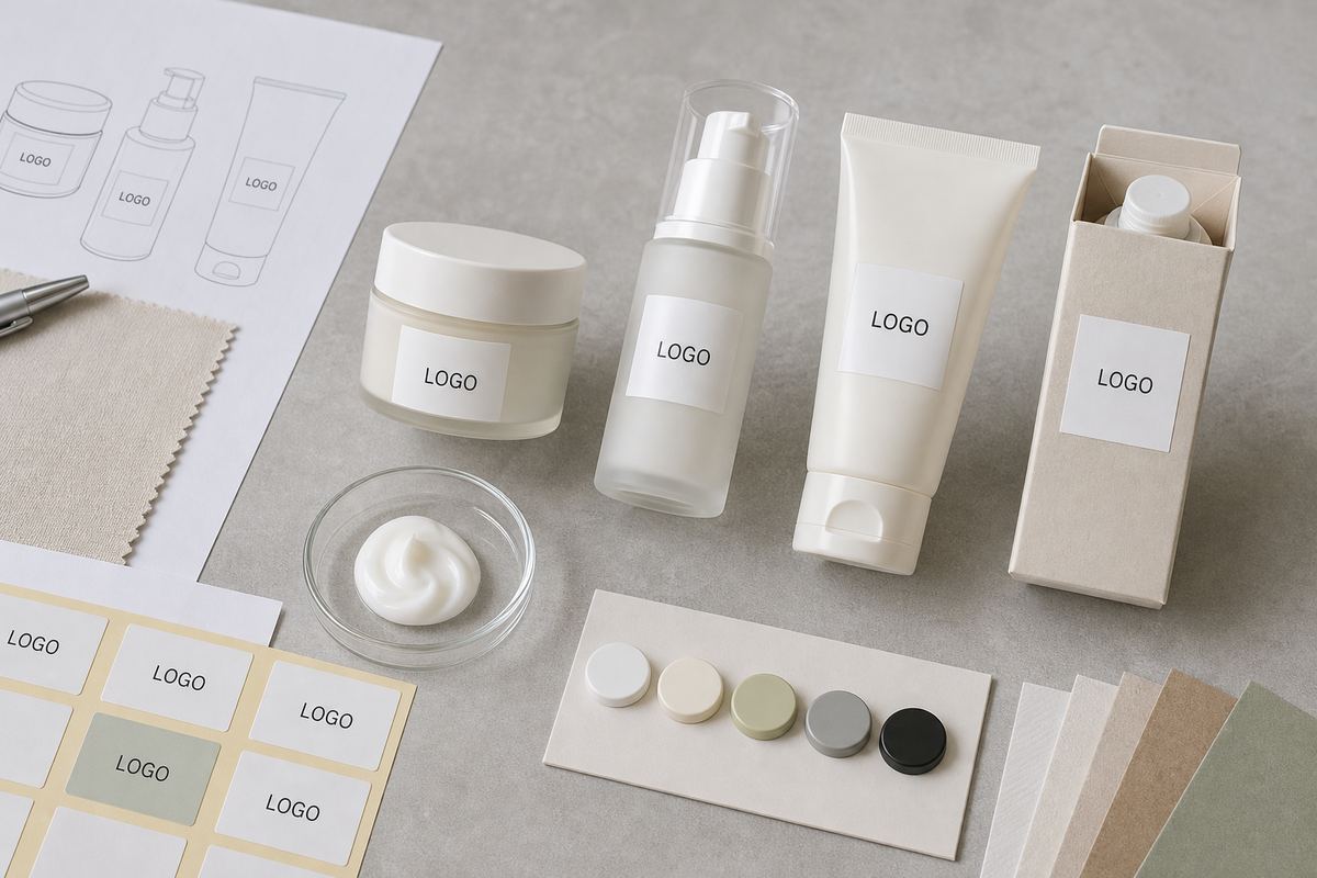 Custom lightweight moisture cream packaging options with jar tube pump bottle carton labels and cap color swatches