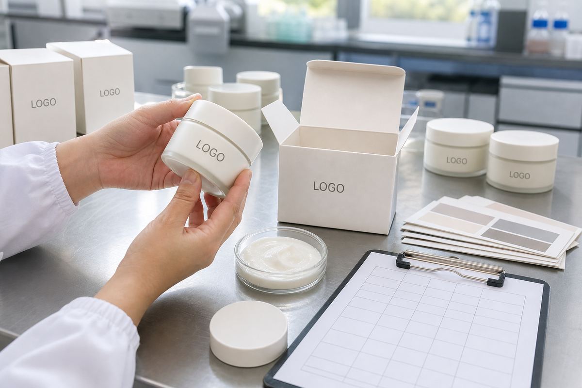 Factory QC sample review for lightweight daily moisture cream with custom logo jar and carton label swatches and texture sample