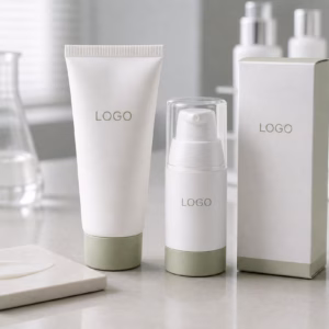 Private label soft-focus hydrating primer tube pump bottle and carton on factory sample table