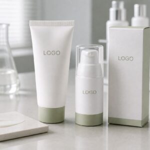 Private label soft-focus hydrating primer tube pump bottle and carton on factory sample table