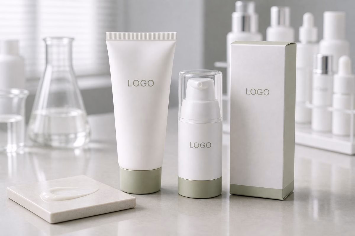 Private label soft-focus hydrating primer tube pump bottle and carton on factory sample table