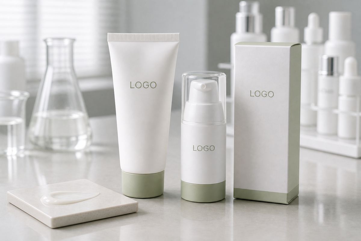 Private label soft-focus hydrating primer tube pump bottle and carton on factory sample table