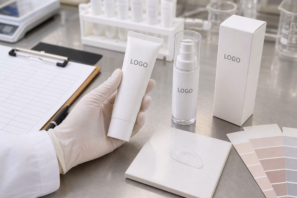 Factory QC sample review of soft-focus hydrating primer tube label carton and cream texture sample