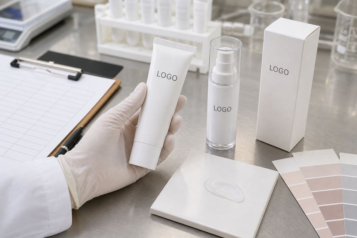 Factory QC sample review of soft-focus hydrating primer tube label carton and cream texture sample