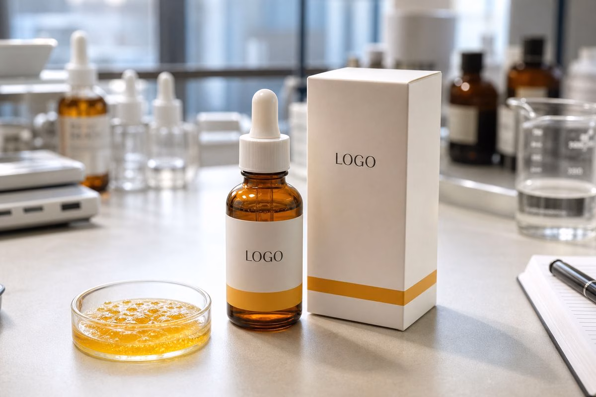 Private label turmeric radiance ampoule serum bottle and carton on factory sample table
