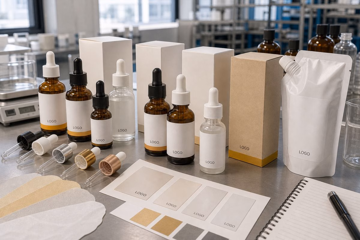 Custom amber dropper bottles cartons label swatches caps and refill pouch for turmeric radiance serum OEM buyers