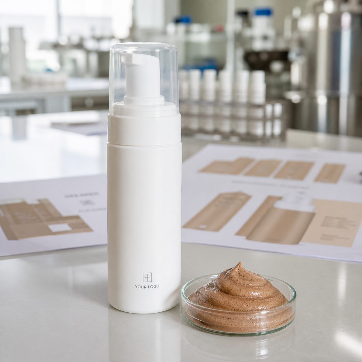 Private label sunless body mousse foam pump sample with custom logo label area and bronze mousse texture on factory sample table