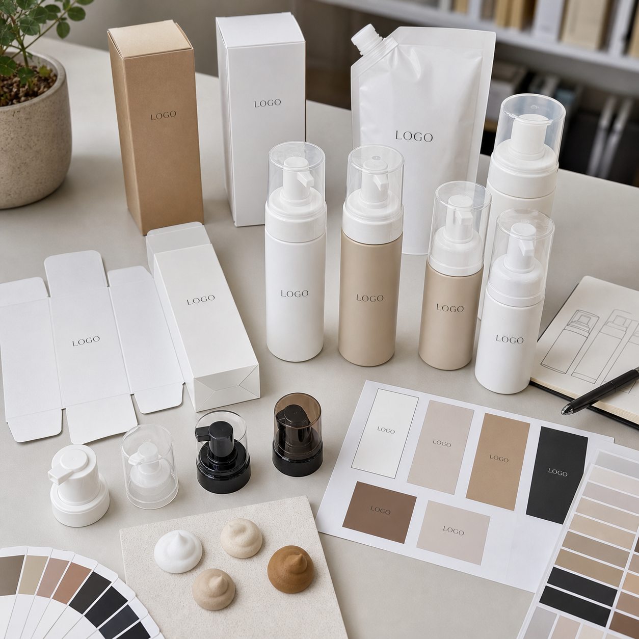 Blank pump bottles refill pouch cartons label sheets cap options and neutral color swatches for custom logo sunless body mousse packaging