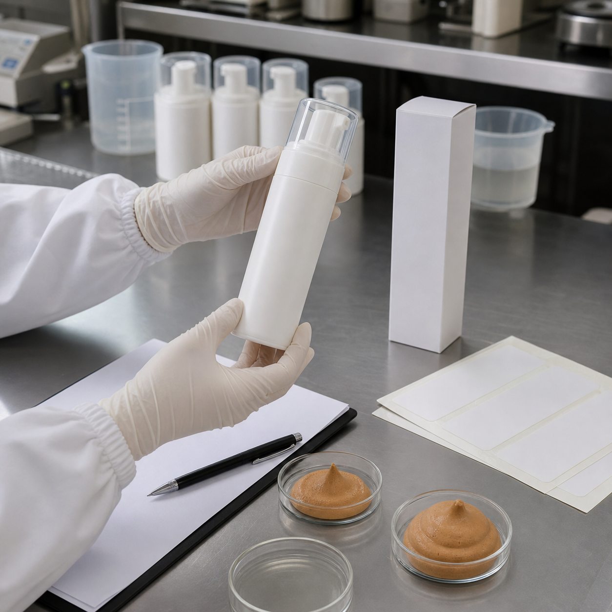 Factory QC sample review for private label sunless body mousse pump bottle blank carton label sheets and mousse texture before production