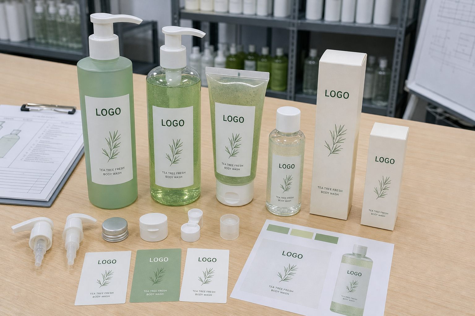 Pump bottle squeeze bottle travel bottle carton and label options for custom logo tea tree body wash