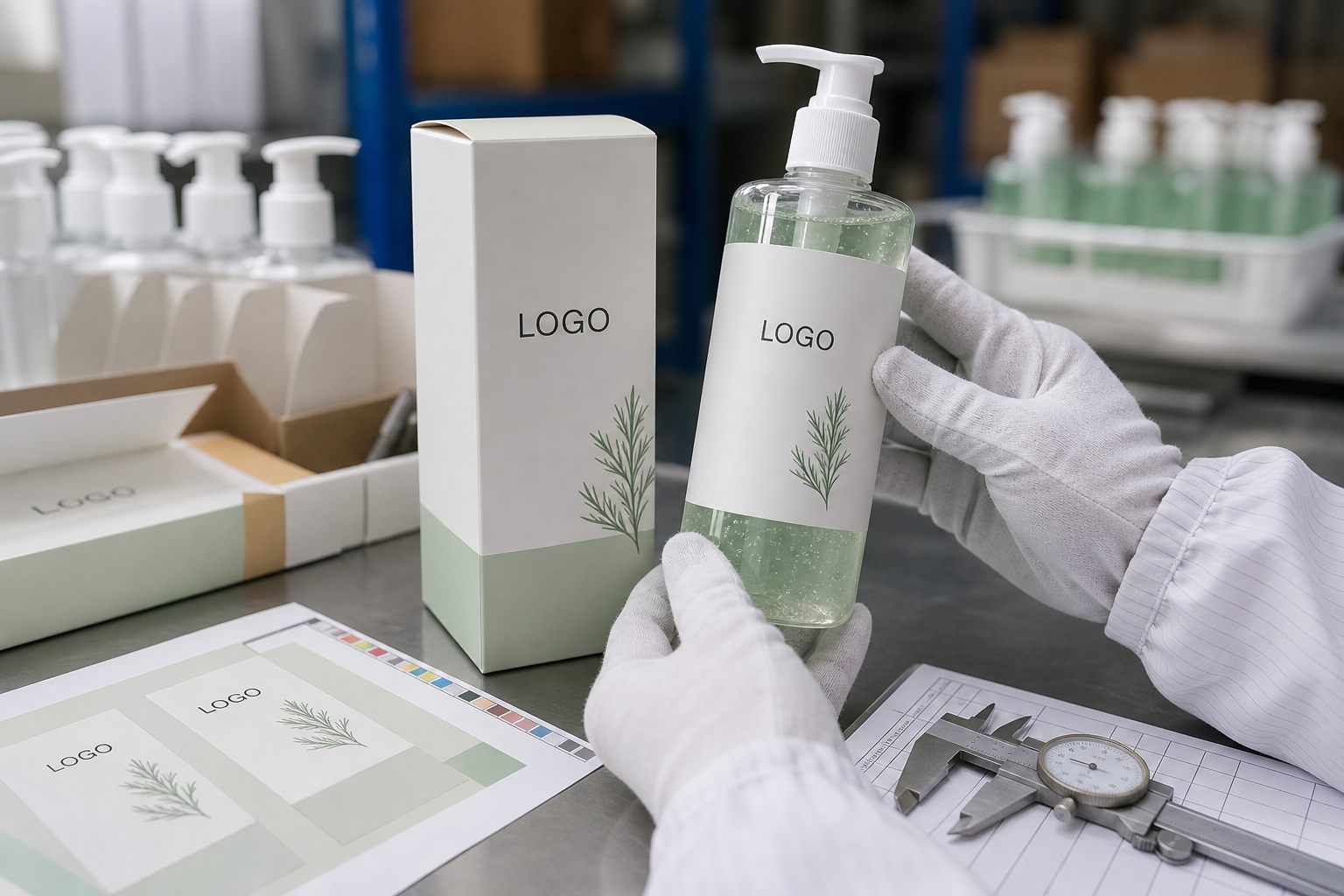 Factory QC label alignment check for private label tea tree fresh body wash bottle and carton samples