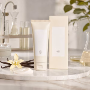 Private label vanilla comfort hand cream tube and carton sample on a GUOCUI lab table for custom logo packaging