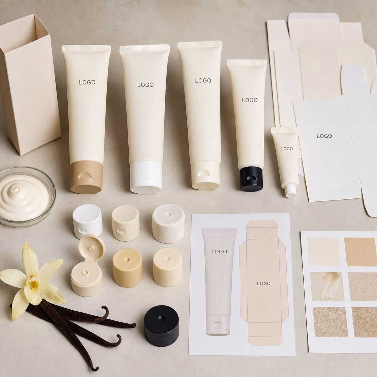 Tube sizes cartons caps label proofs and vanilla color swatches for custom logo vanilla hand cream