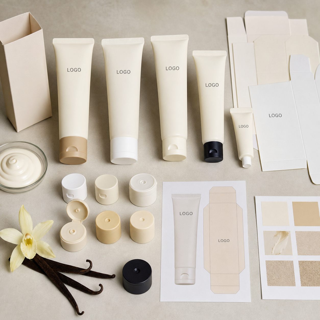 Tube sizes cartons caps label proofs and vanilla color swatches for custom logo vanilla hand cream