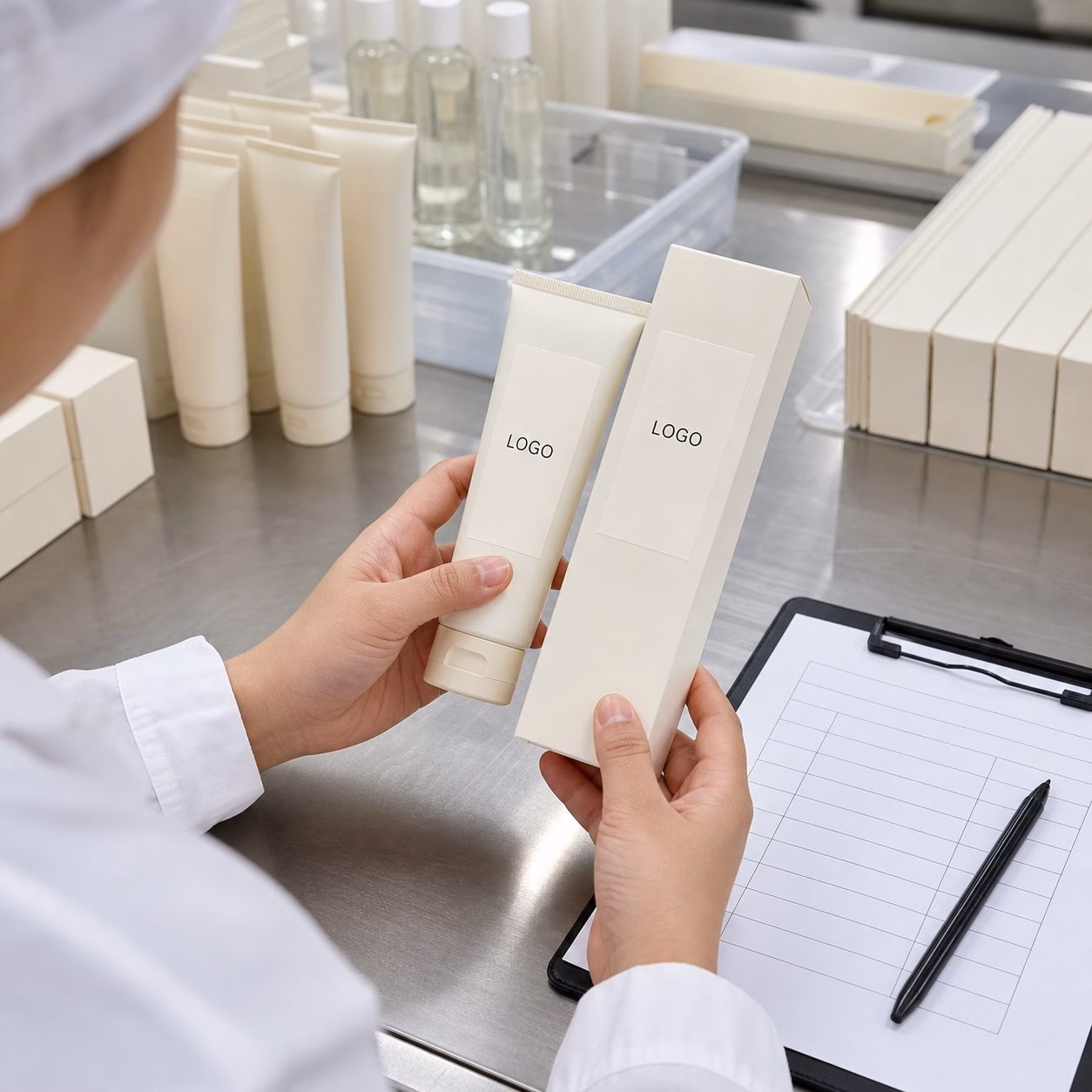 Factory QC label check for vanilla hand cream tube and carton samples before private label production