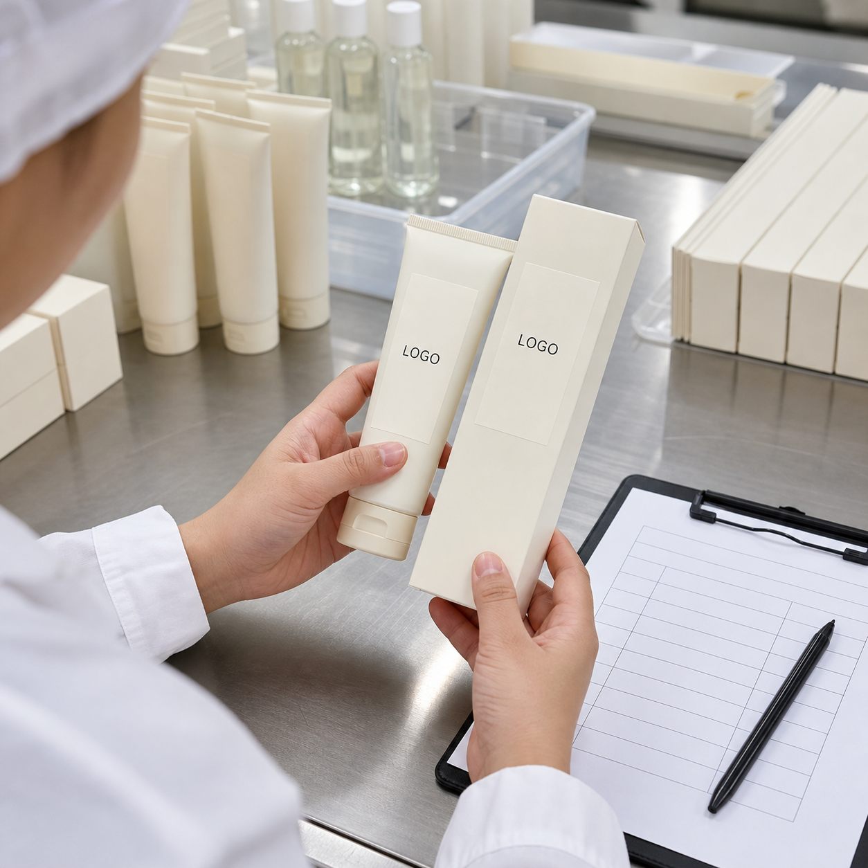 Factory QC label check for vanilla hand cream tube and carton samples before private label production