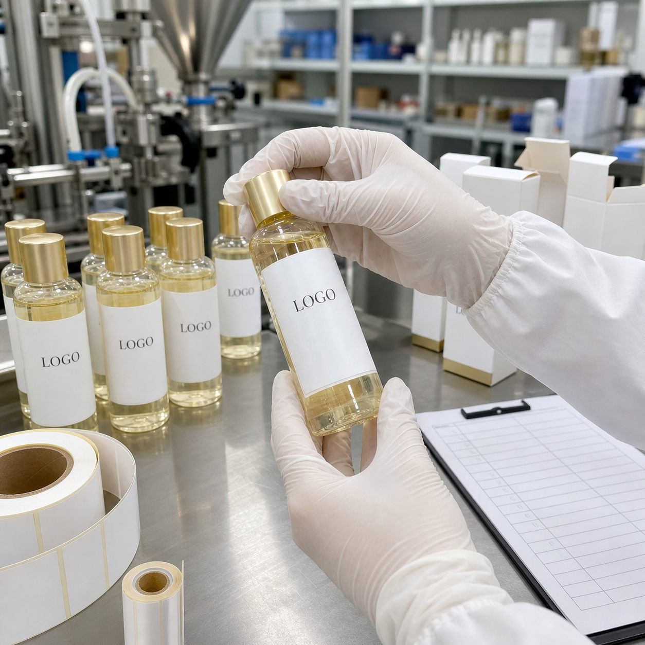 Factory QC label alignment check for private label facial toner samples