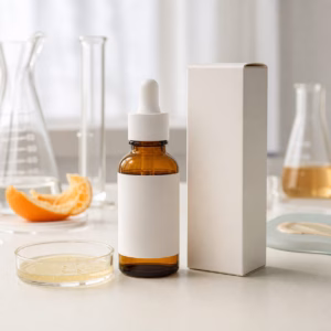 Private label vitamin C radiance look facial serum sample with blank amber dropper bottle carton and lab texture dish