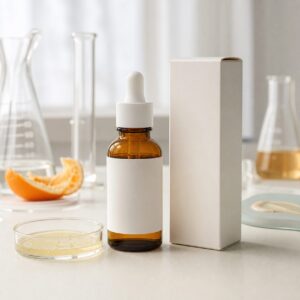 Private label vitamin C radiance look facial serum sample with blank amber dropper bottle carton and lab texture dish