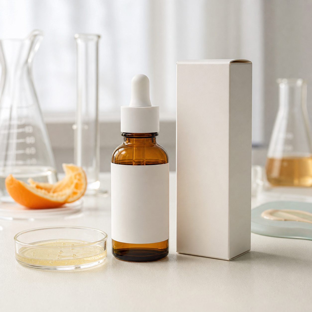 Private label vitamin C radiance look facial serum sample with blank amber dropper bottle carton and lab texture dish