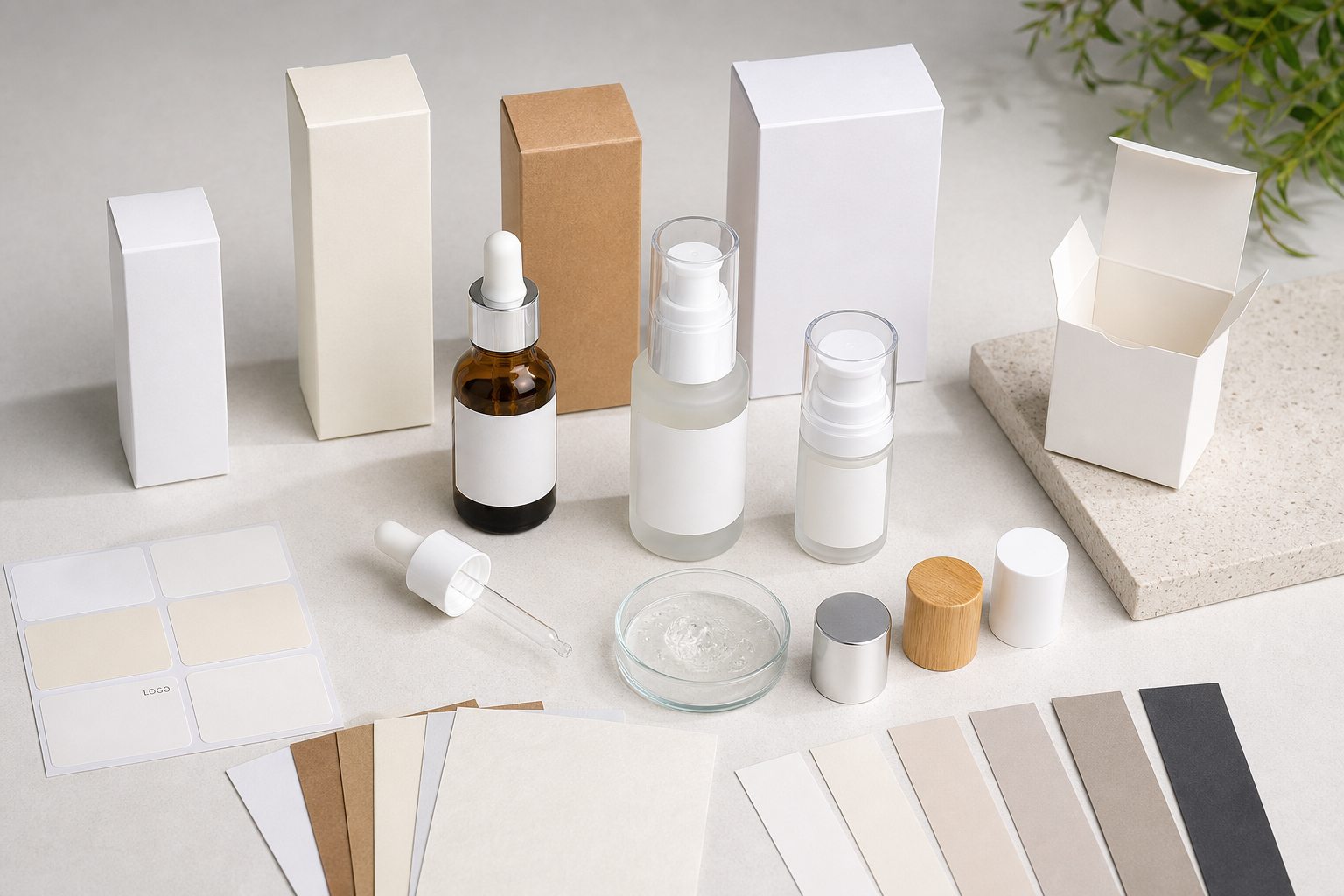 Blank dropper pump bottles cartons label swatches and cap samples for custom logo vitamin C facial serum packaging